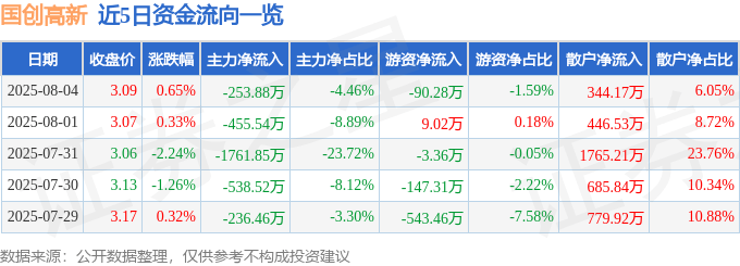 股票行情快报:国创高新(002377)8月4日主力资金净卖出253.88万元